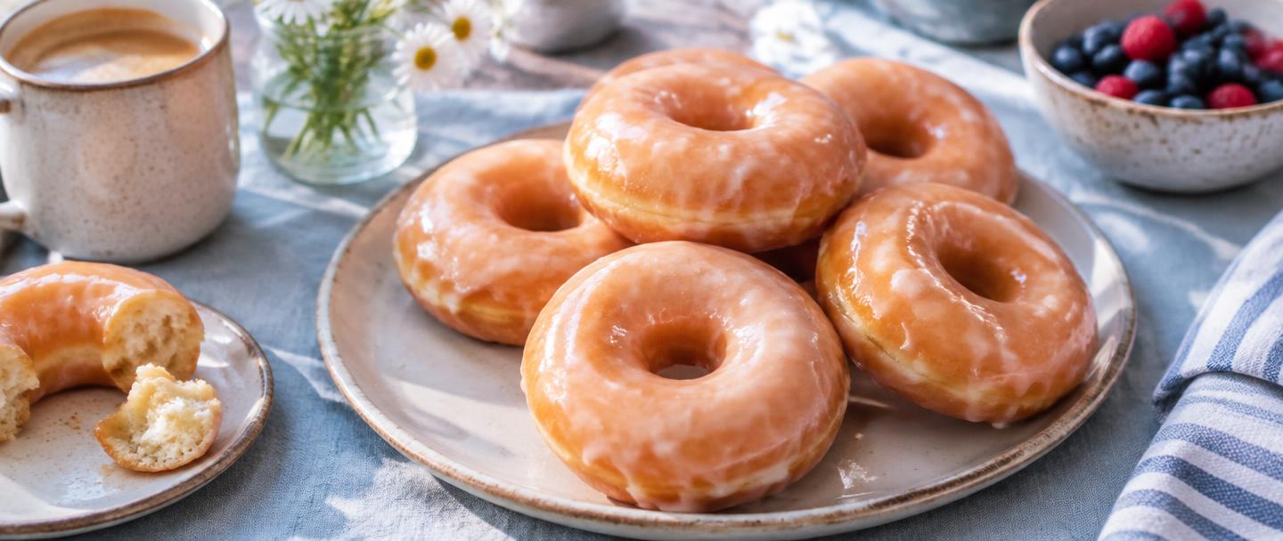Glaserade donuts på ett blekt blått linne i mjukt dagsljus